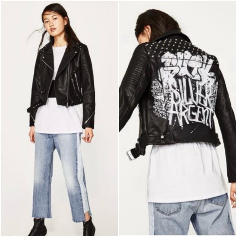ZARA Graffiti Studded Leather Biker Jacket